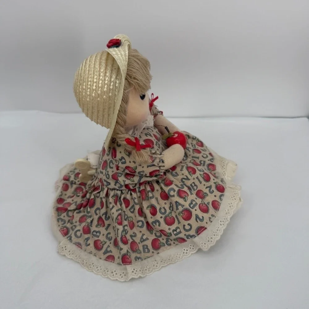 Cacos‎ Musical Wind Up Rag Doll Apple ABC Dress Straw Hat VTG Cottage Core